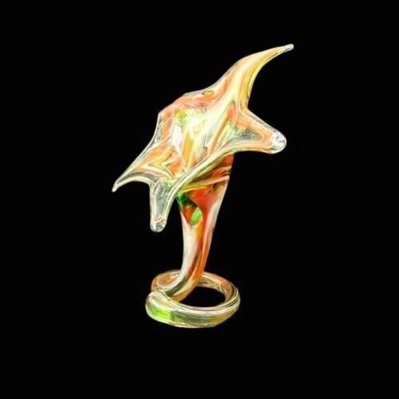 Vintage MCM Hand Blown Art Glass Green Orange Trumpet Flower Vase Decor 9 X 8 - Picture 5 of 6